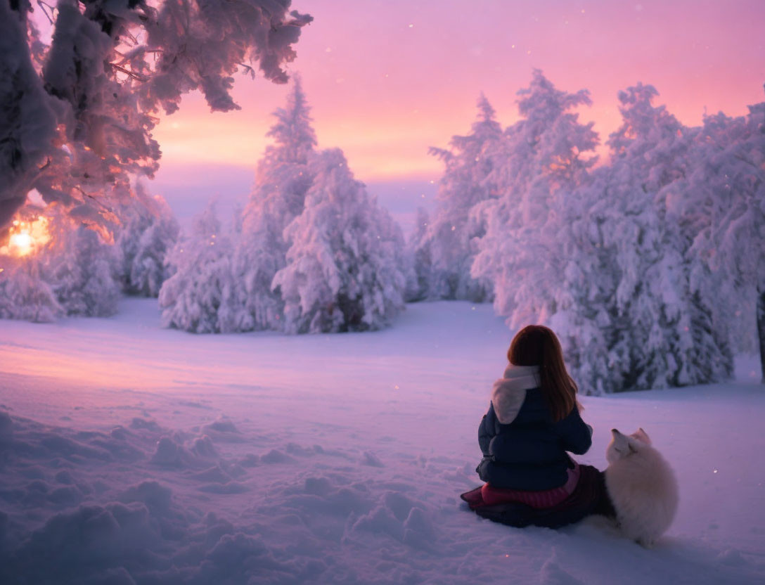 Person with White Dog Watching Pink Sky Over Snowy Trees