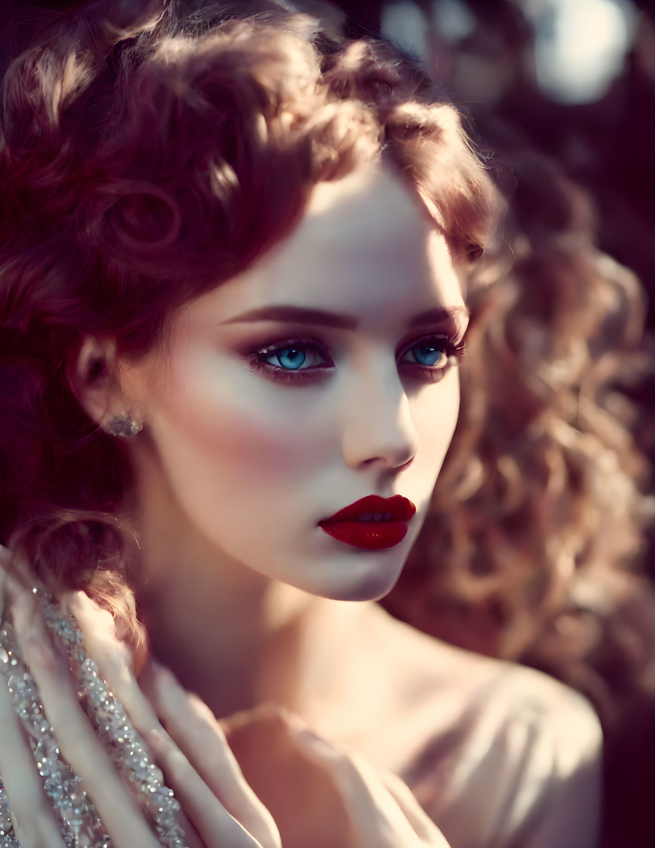 Portrait of a woman with blue eyes and curly hair