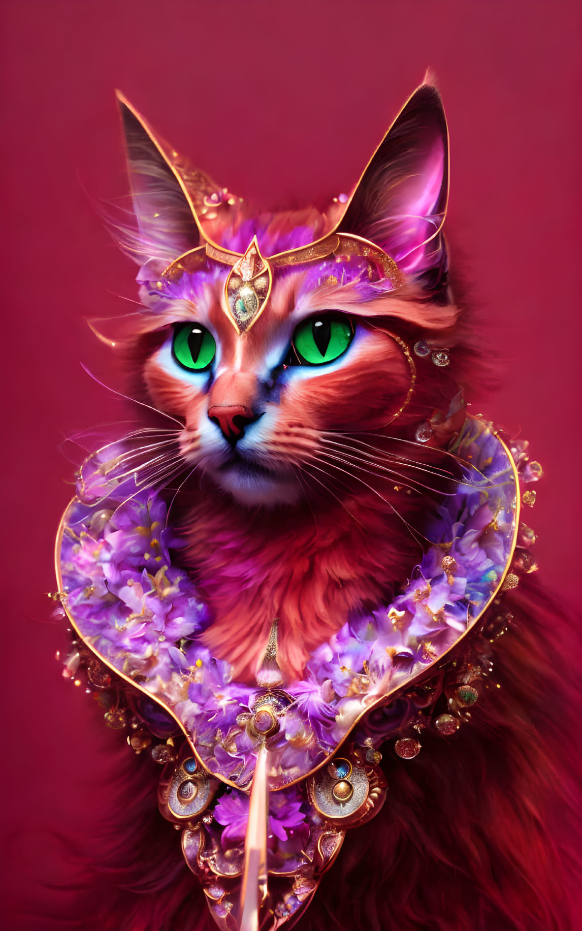 Majestic Cat with Jeweled Headdress and Floral Collar