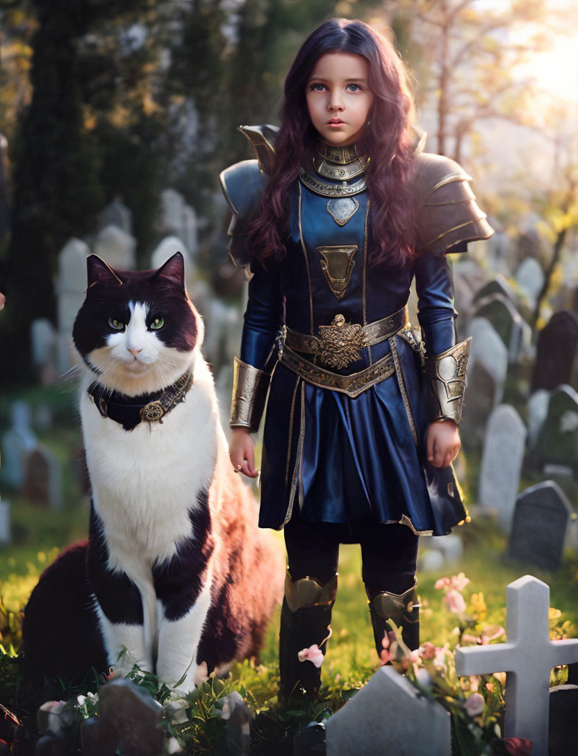 Child in knight costume with cat in graveyard under sunlight