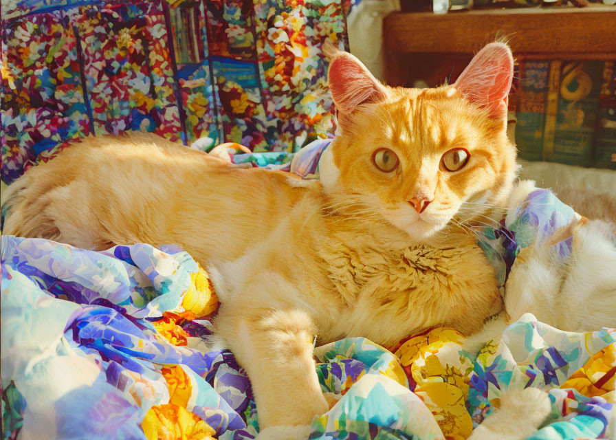 Fluffy Orange Cat on Floral Blanket in Sunlight