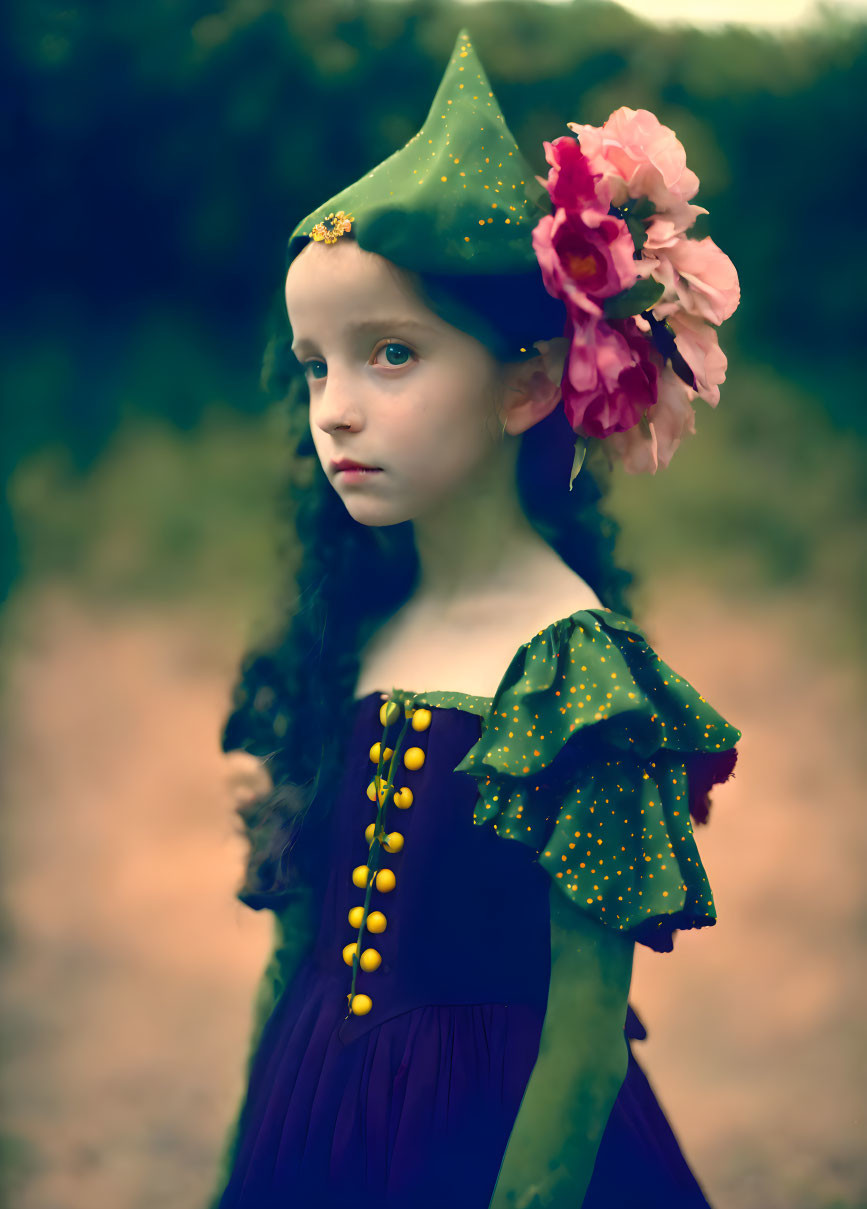 Young girl in green dress with whimsical hat and flowers