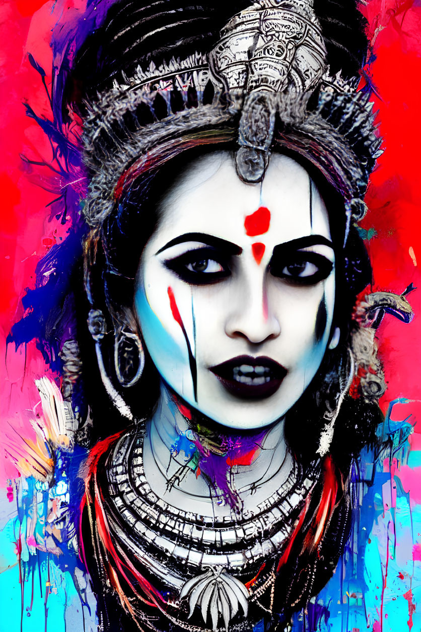 Edited portrait of woman with traditional headgear, blue and white makeup, red bindi, and vibrant