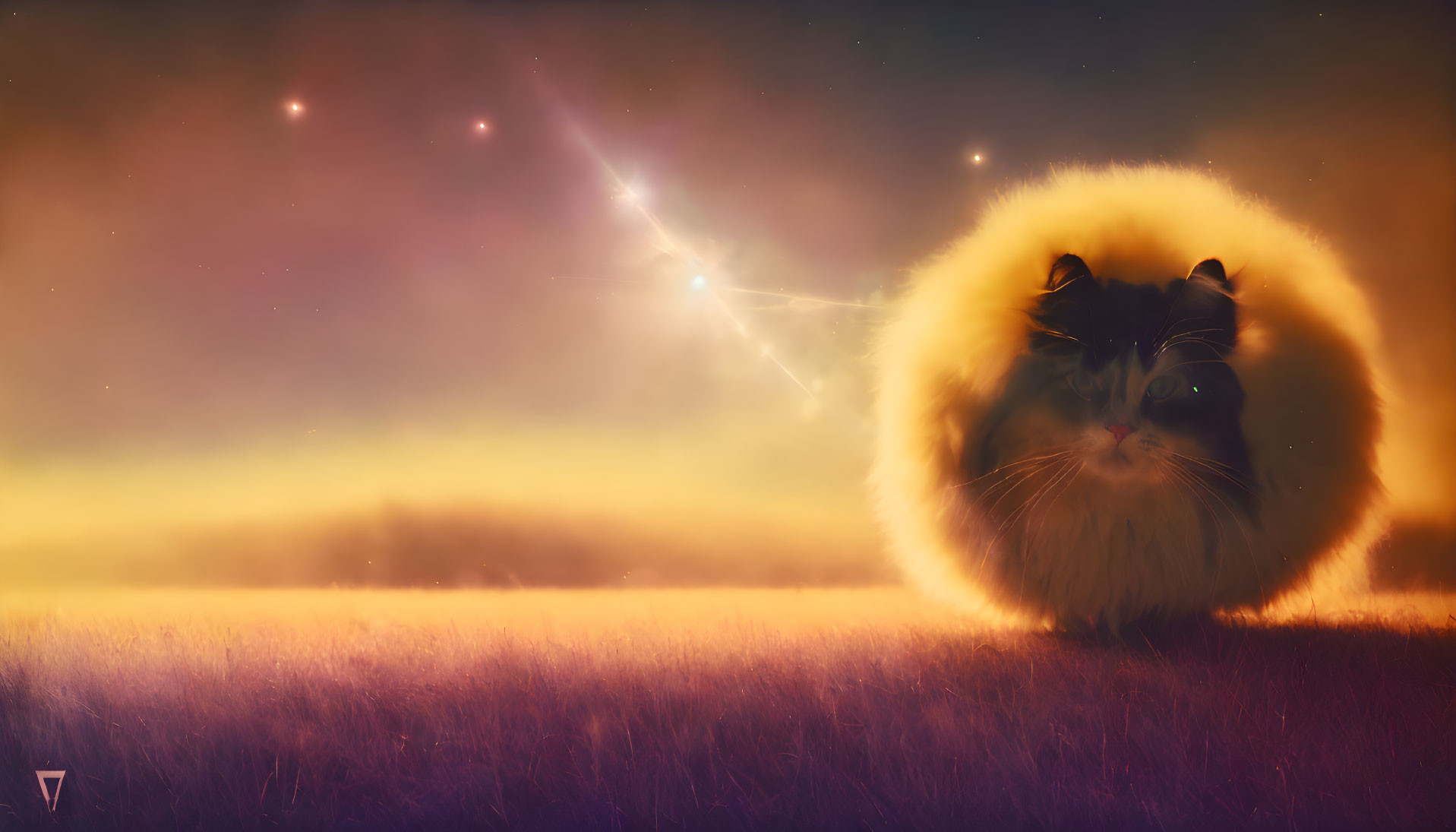 Fluffy cat with halo under twilight sky in golden field