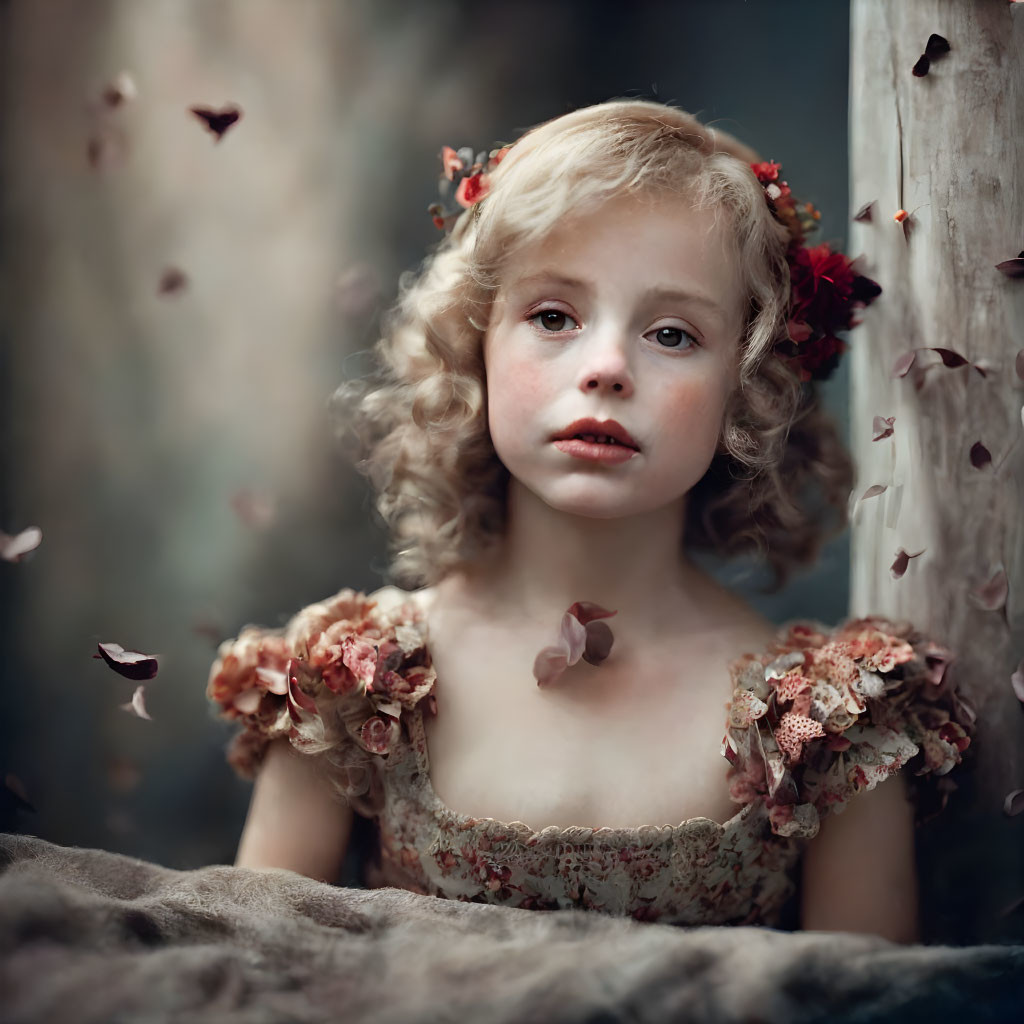 Young girl in vintage dress among pink petals