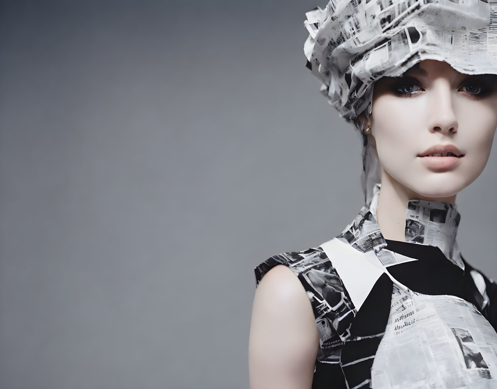 Fashion Model in Newspaper-Inspired Dress and Headpiece