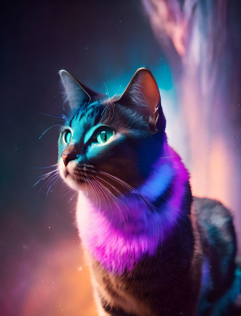 Regal Cat Against Cosmic Backdrop with Ethereal Colors