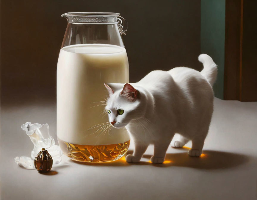 White Cat Inspects Glass Jug Filled with Milk