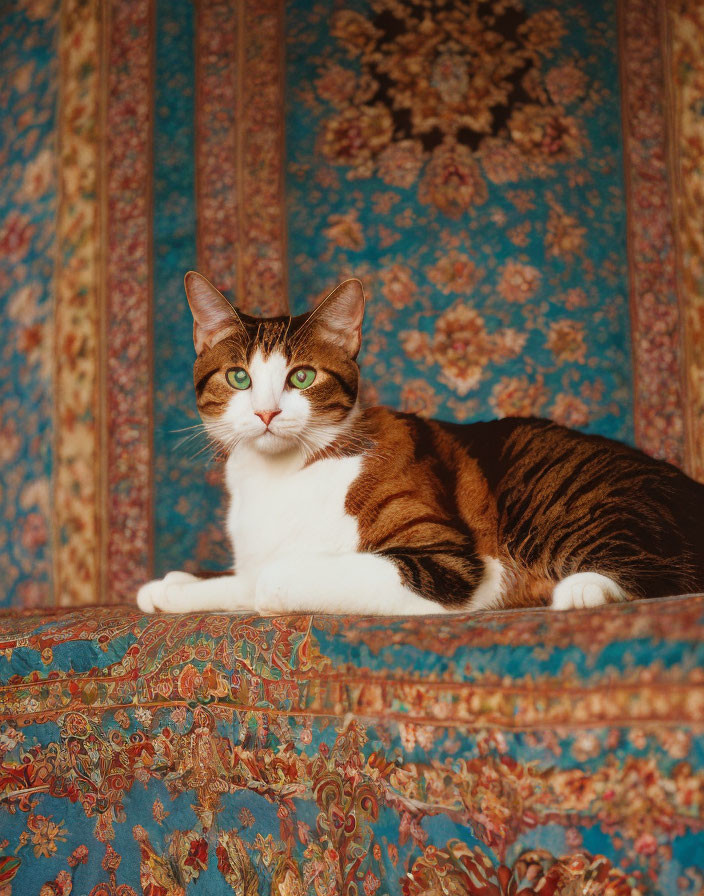 Patterned Cat on Ornate Textile in Blue and Gold