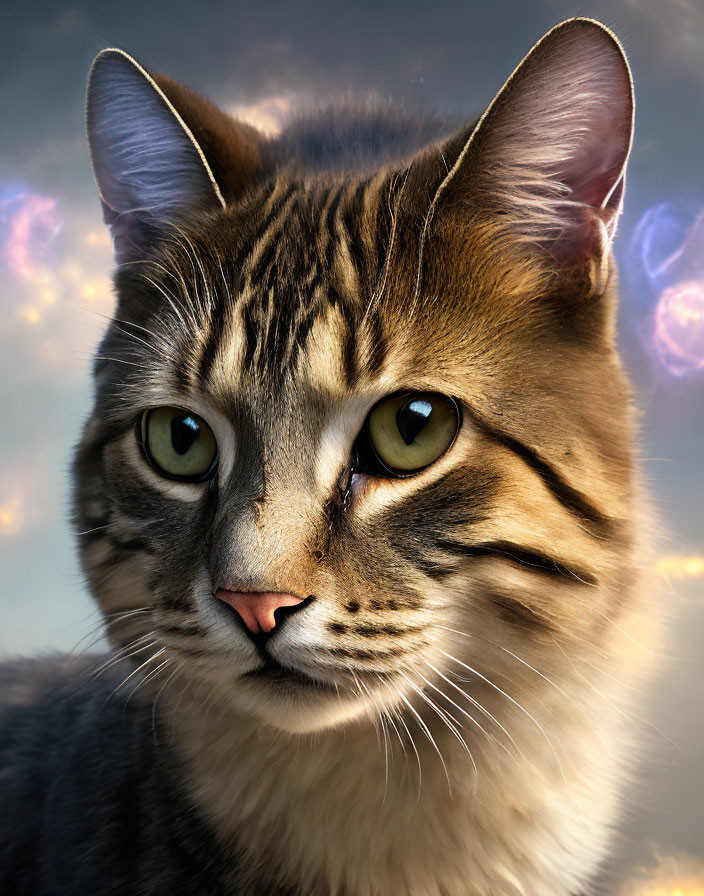 Close-up Portrait of a Tabby Cat with Cosmic Background