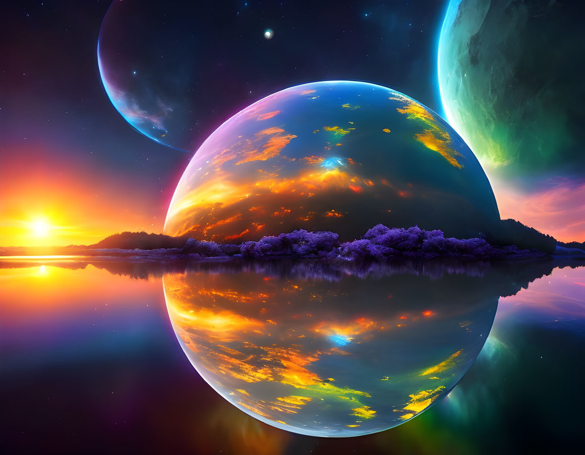 Vibrant Cosmic Landscape with Reflective Water and Islands