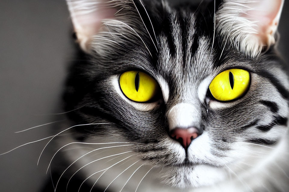 Close-up of a striking gray cat with black stripes