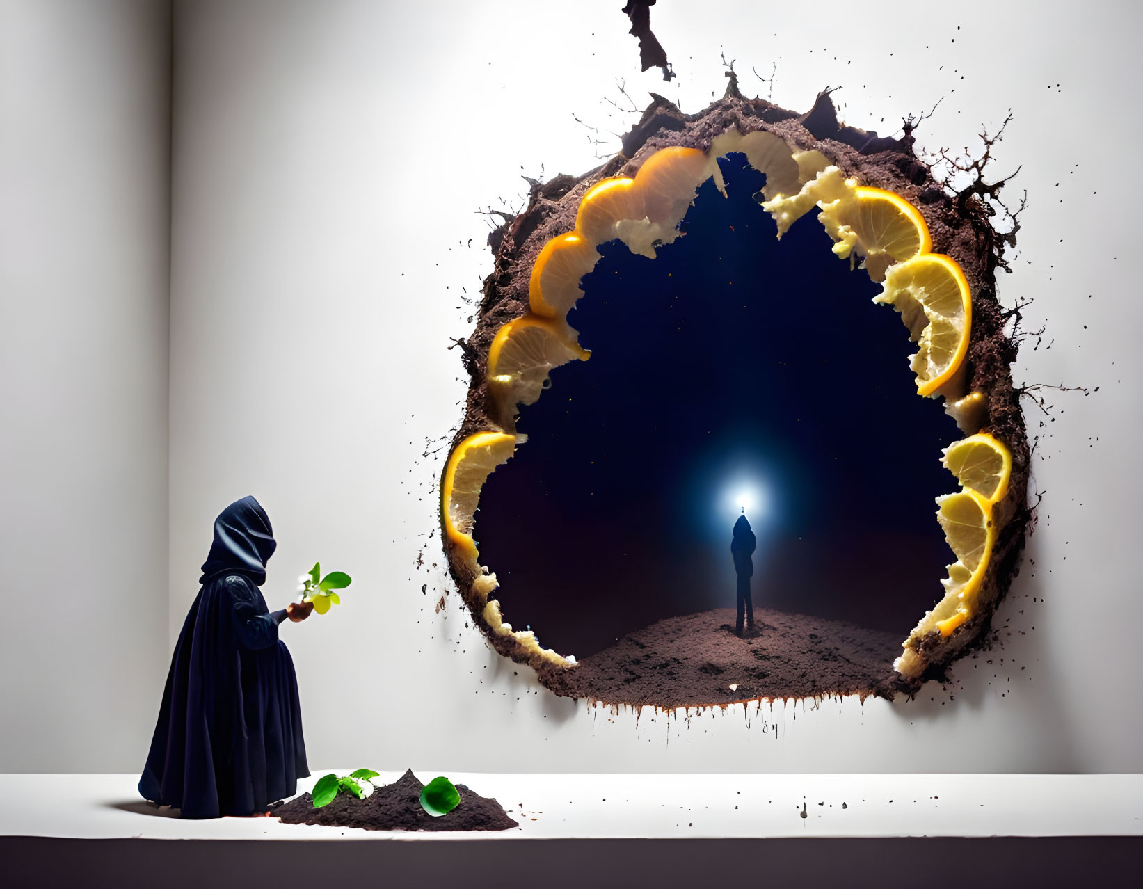 Cloaked figure at surreal wall breach with orange slices, facing distant light