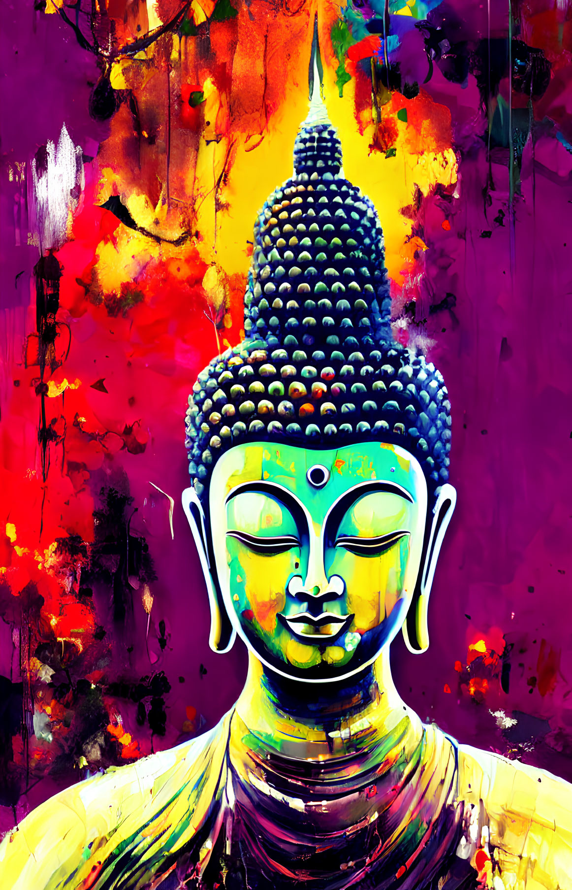 Colorful Buddha head painting with bold strokes and drips