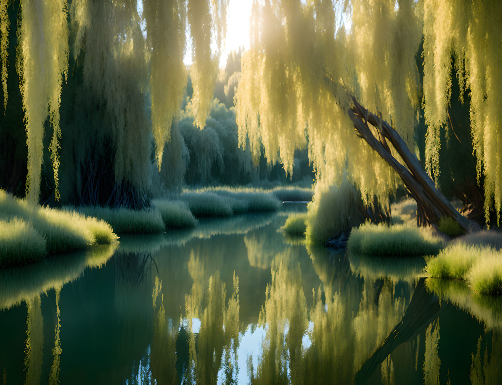 Tranquil River with Lush Willows in Serene Landscape