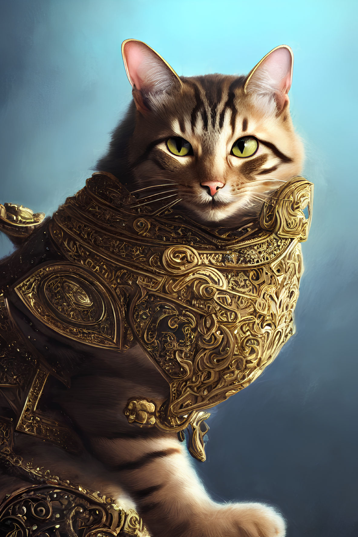 Majestic Cat in Intricate Golden Armor with Green Eyes