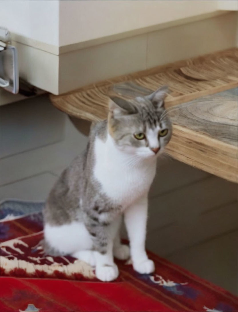 Gray and white cat on patterned rug near wooden table