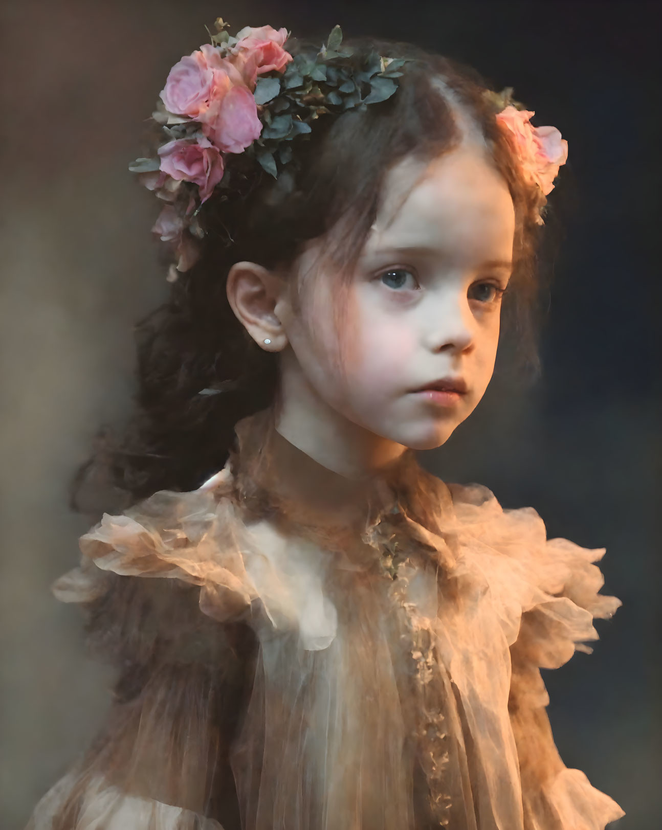 Young girl in vintage dress with floral crown