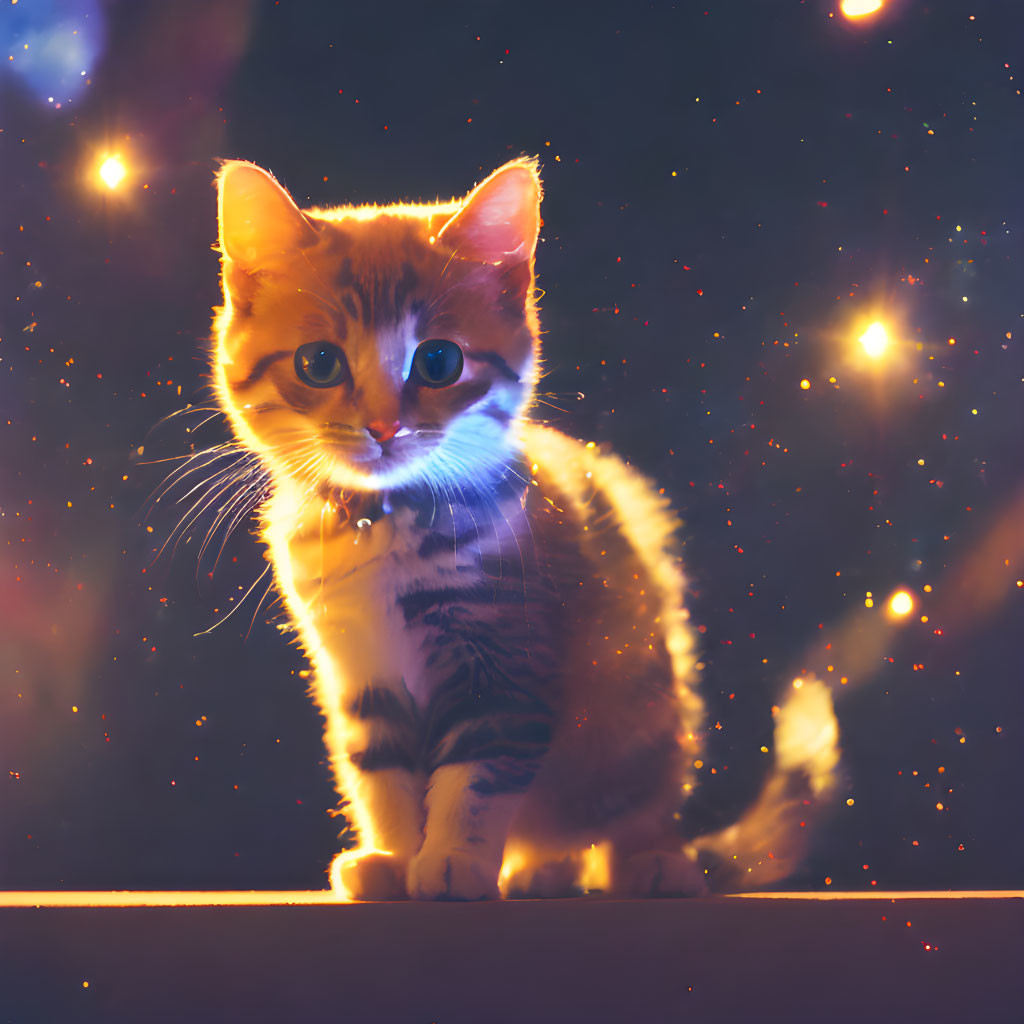 Orange and White Kitten in Magical Glowing Lights Background