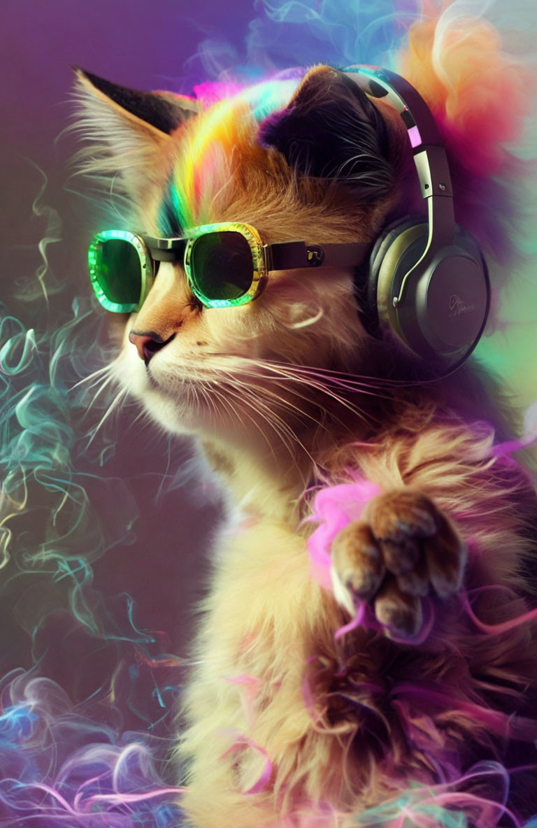 Vibrant cat with sunglasses and headphones in colorful smoke