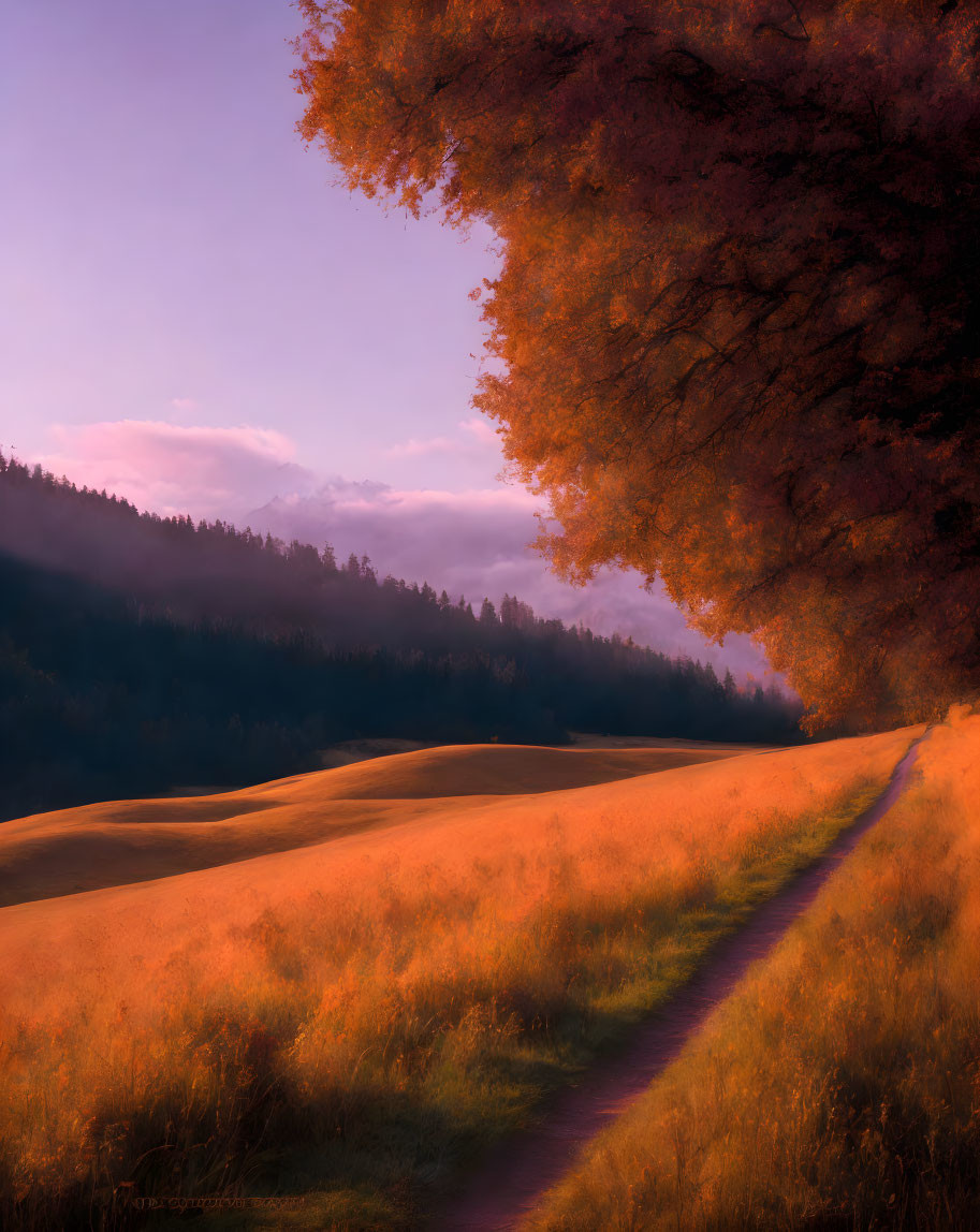 Tranquil landscape: winding path, golden hills, autumn trees, soft sunrise