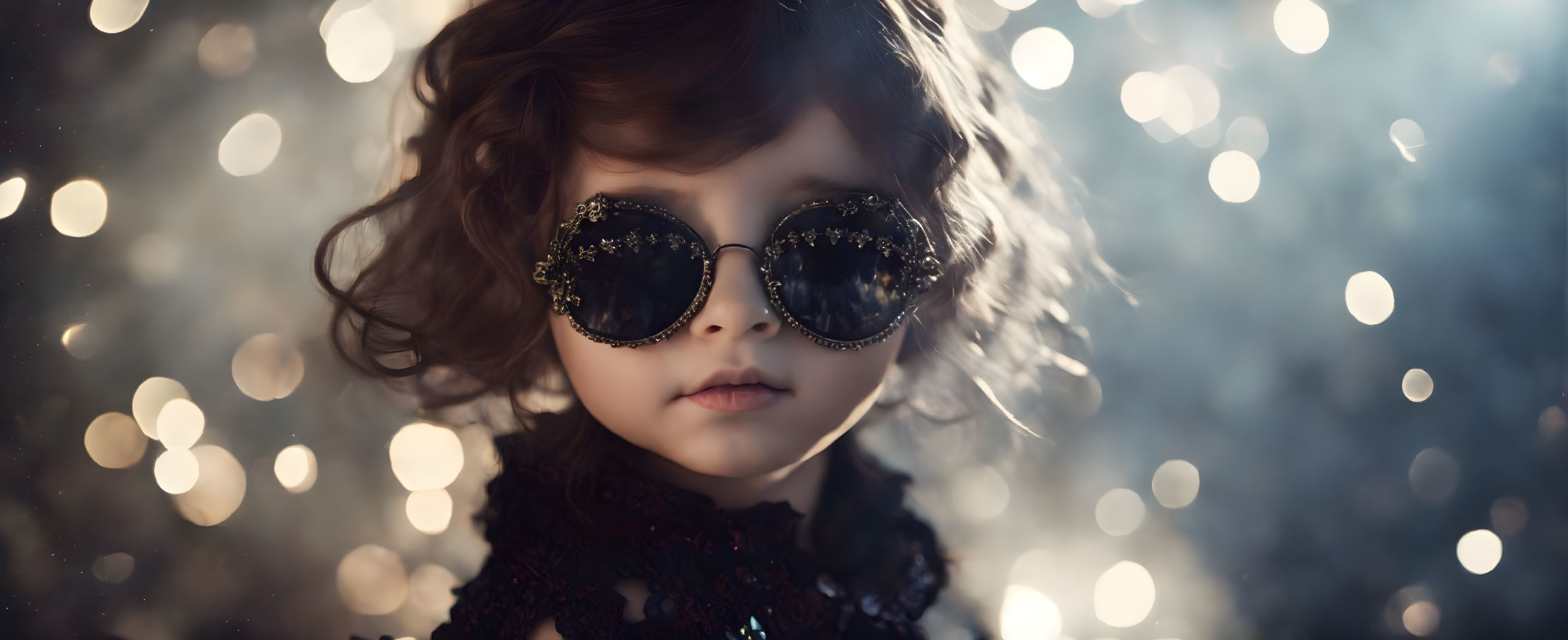 Young child in stylish sunglasses against bokeh lights