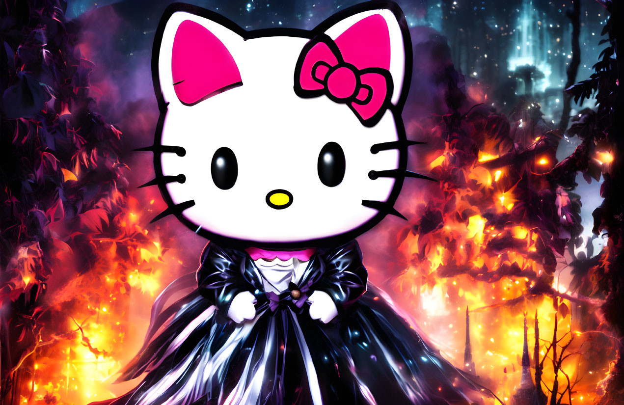 Gothic Hello Kitty in fiery tree backdrop & futuristic city