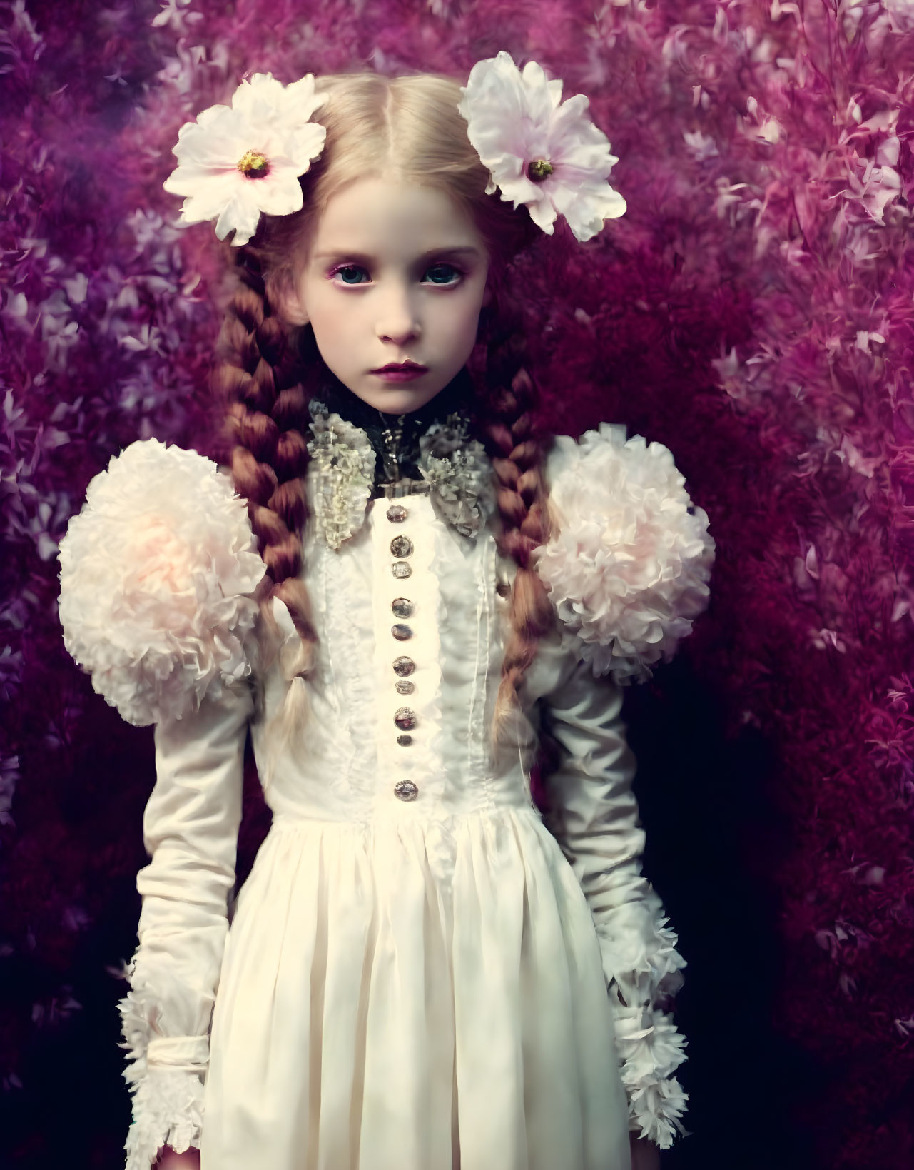 Young girl in vintage dress among purple flowers