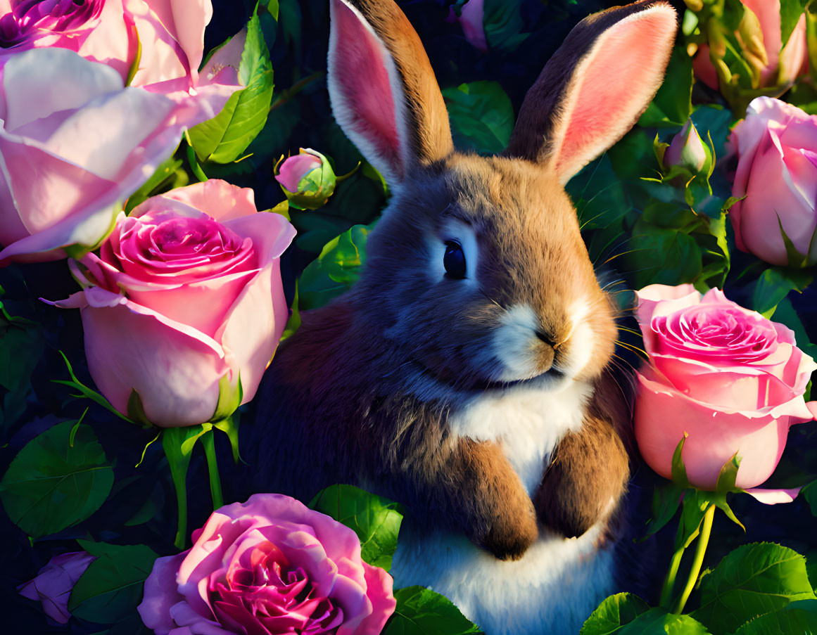 Rabbit Among Vibrant Pink Roses in Serene Setting