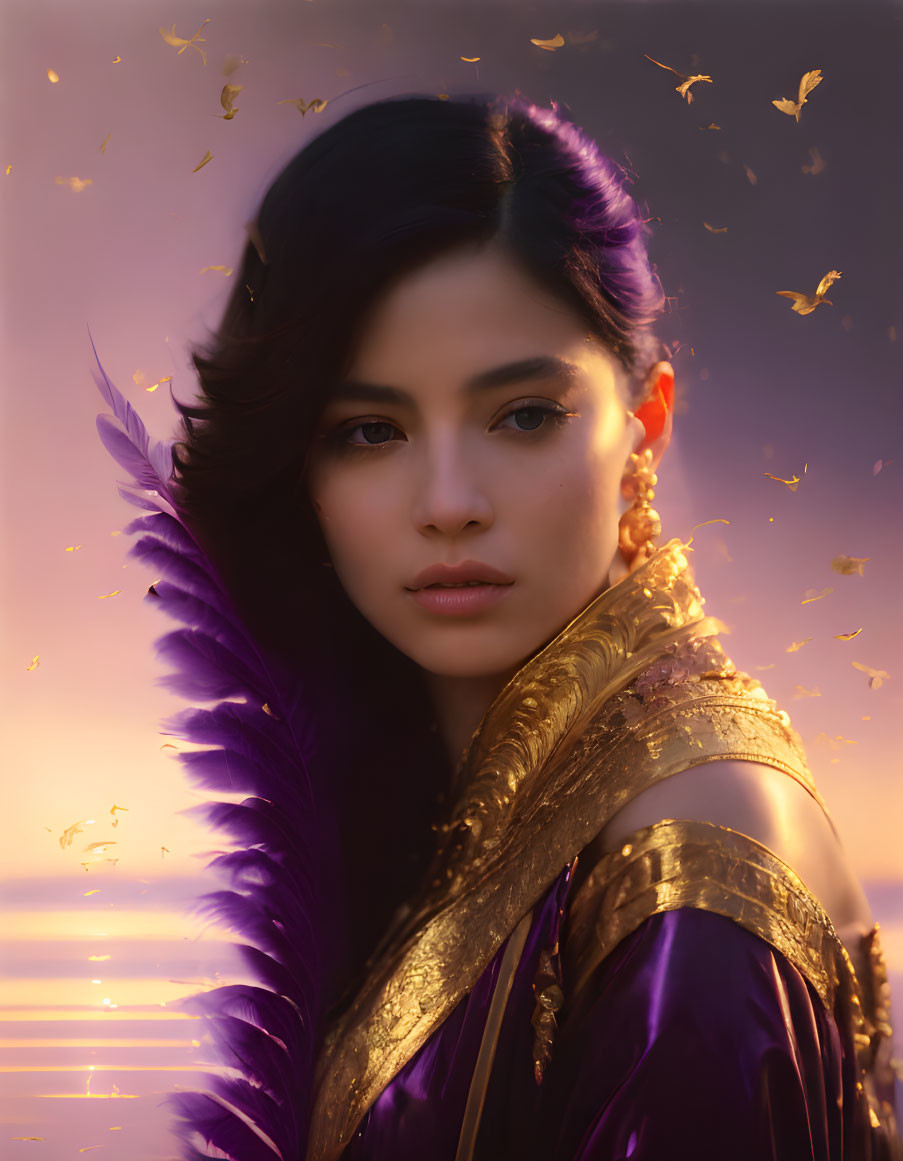 Dark-haired woman in purple feather adornment and robe, golden earrings, gazing at sunset with butterflies