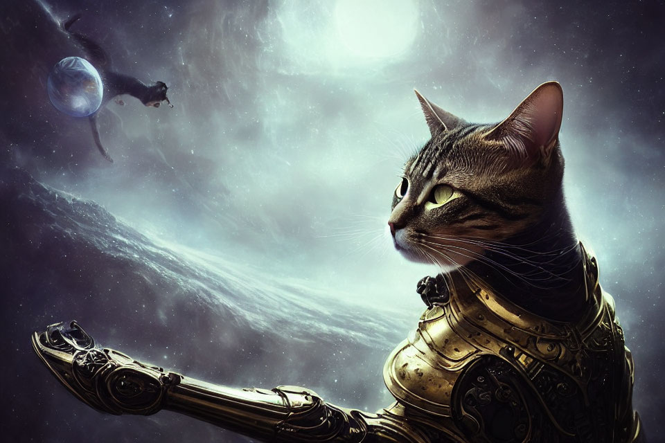 Futuristic Tabby Cat in Metallic Armor in Cosmic Scene