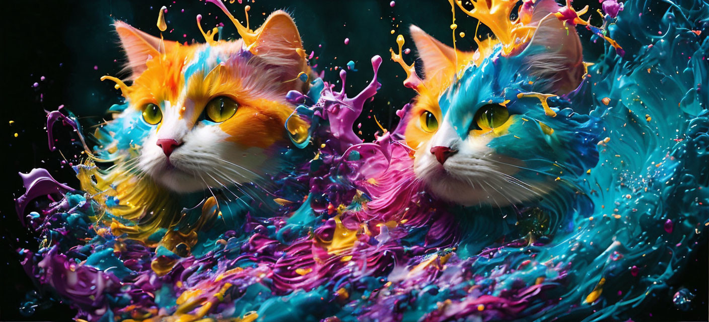 Orange and White Cats Blend with Vibrant Liquid Colors in Blue, Pink, and Yellow