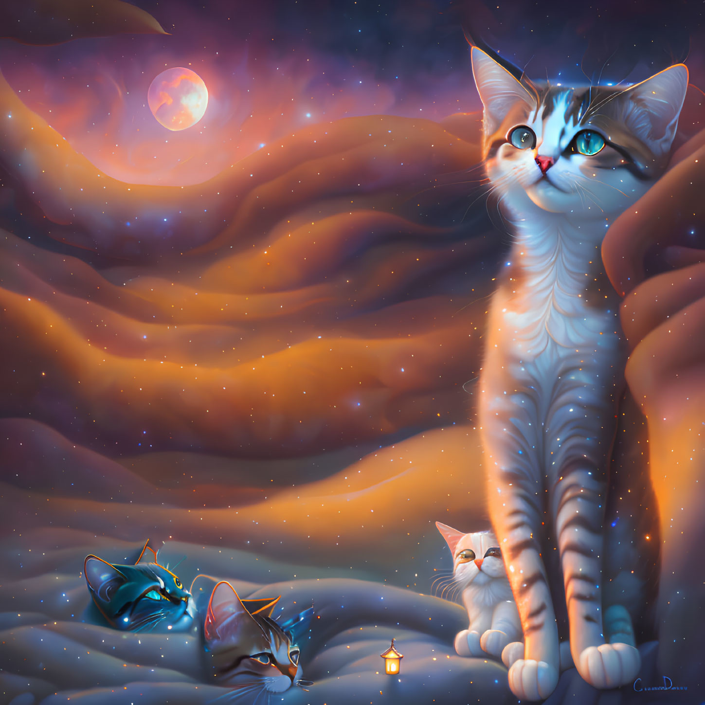  Cats in winter nigth with morning star