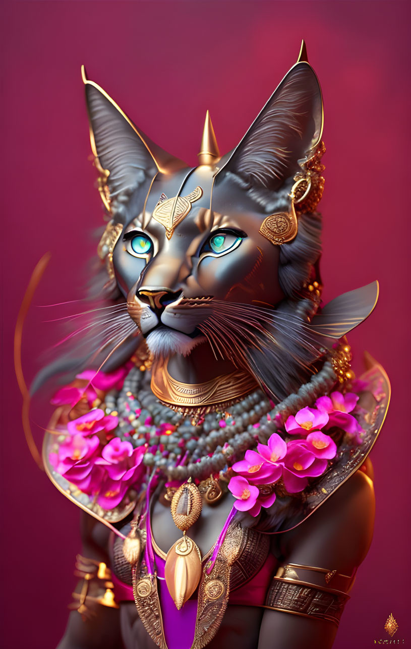 Majestic Feline Figure with Jewelry and Floral Necklaces