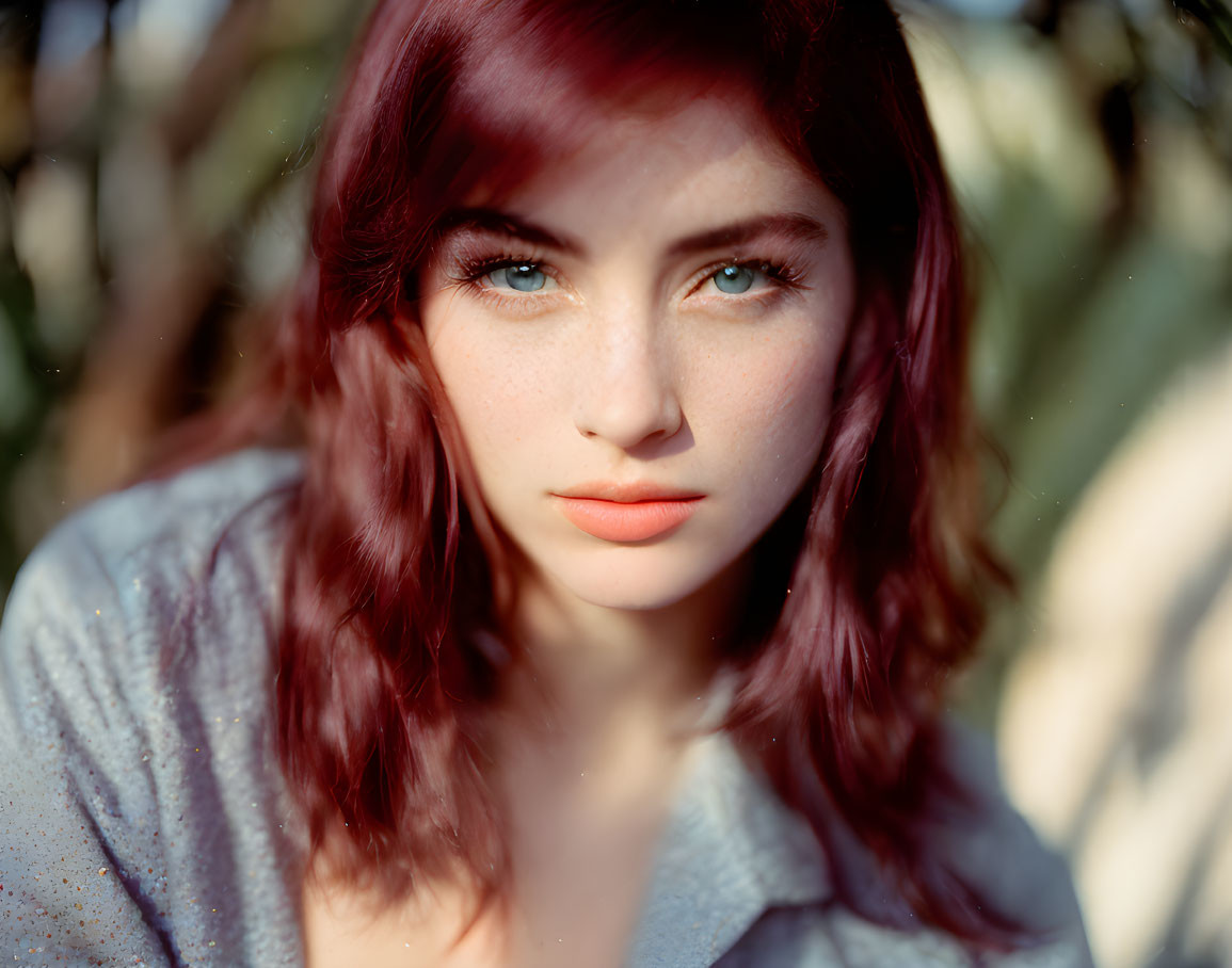 Red-haired woman with blue eyes under dappled sunlight.