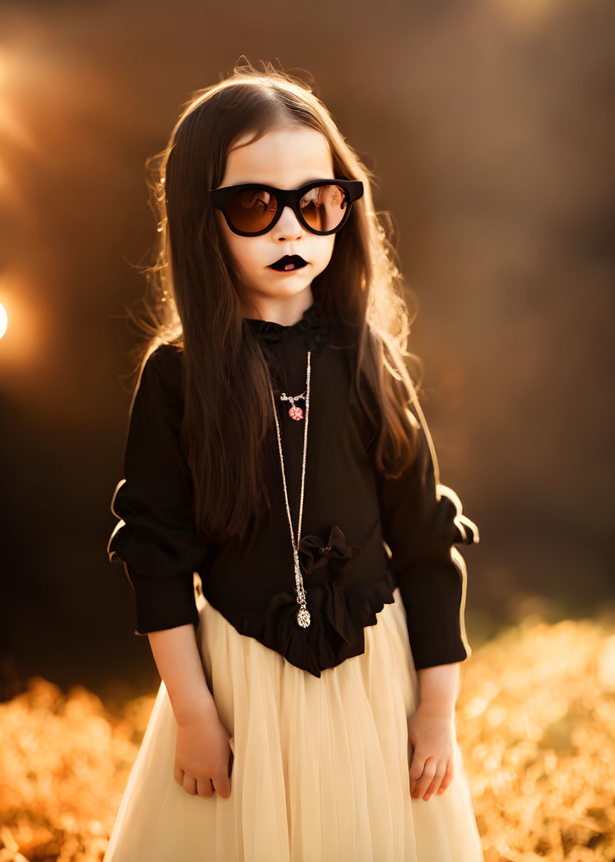 Young girl in oversized sunglasses and dark lipstick