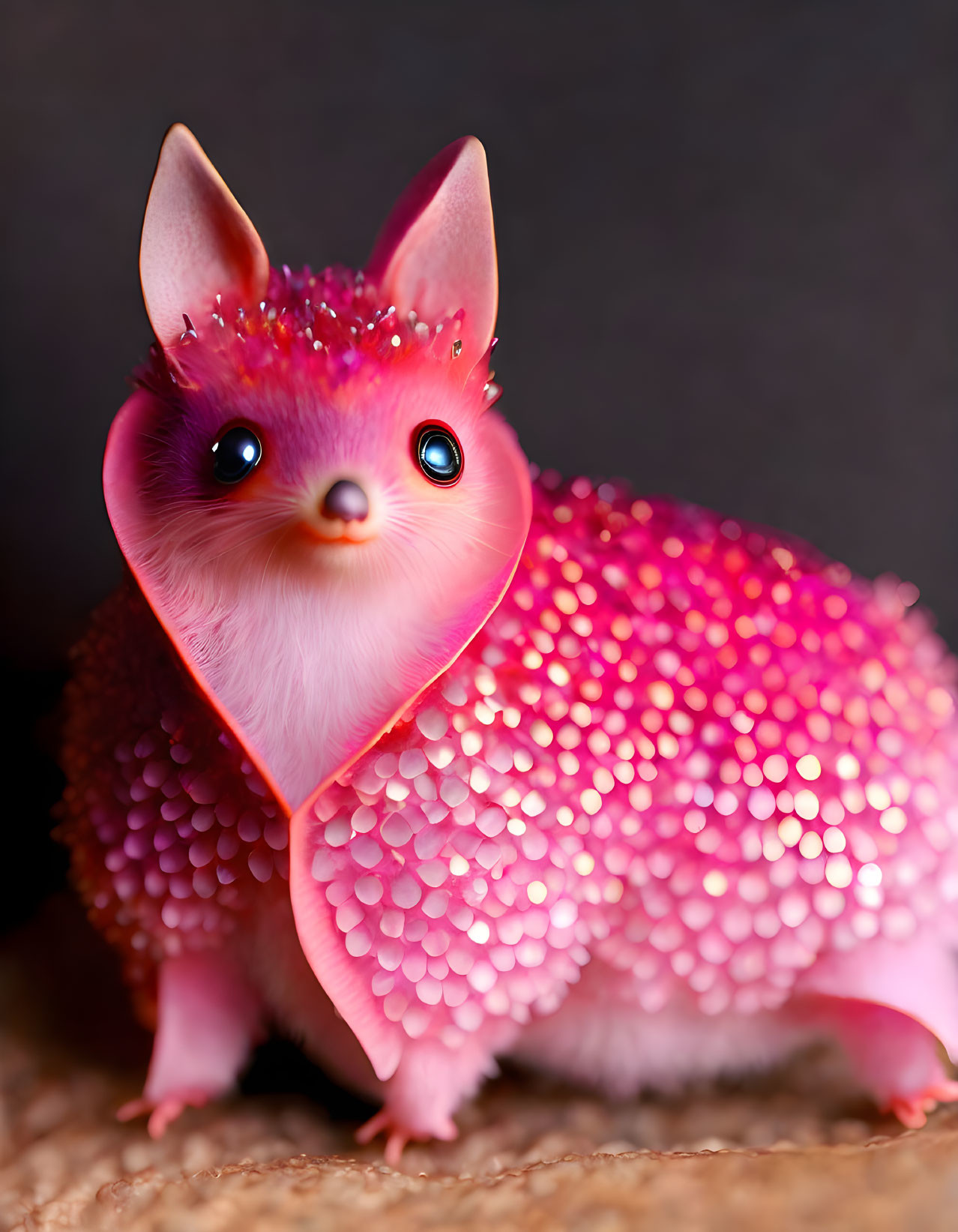 Pink creature with blue eyes and shiny scales: A whimsical fantasy hedgehog.