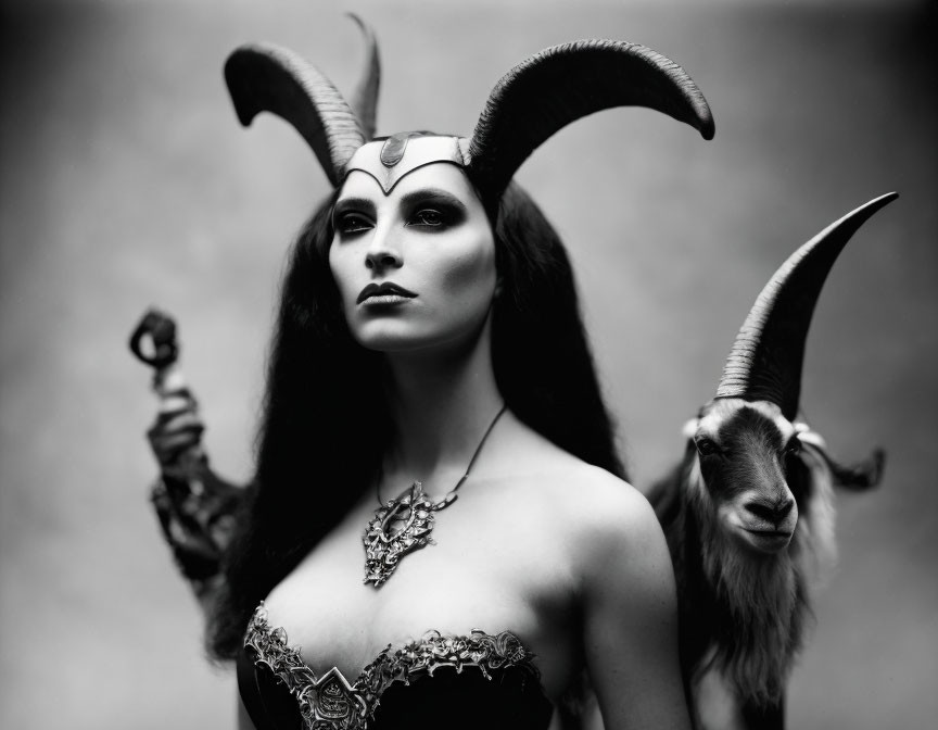 Woman in dramatic makeup with horns and ornate costume posing with scepter beside matching goat.