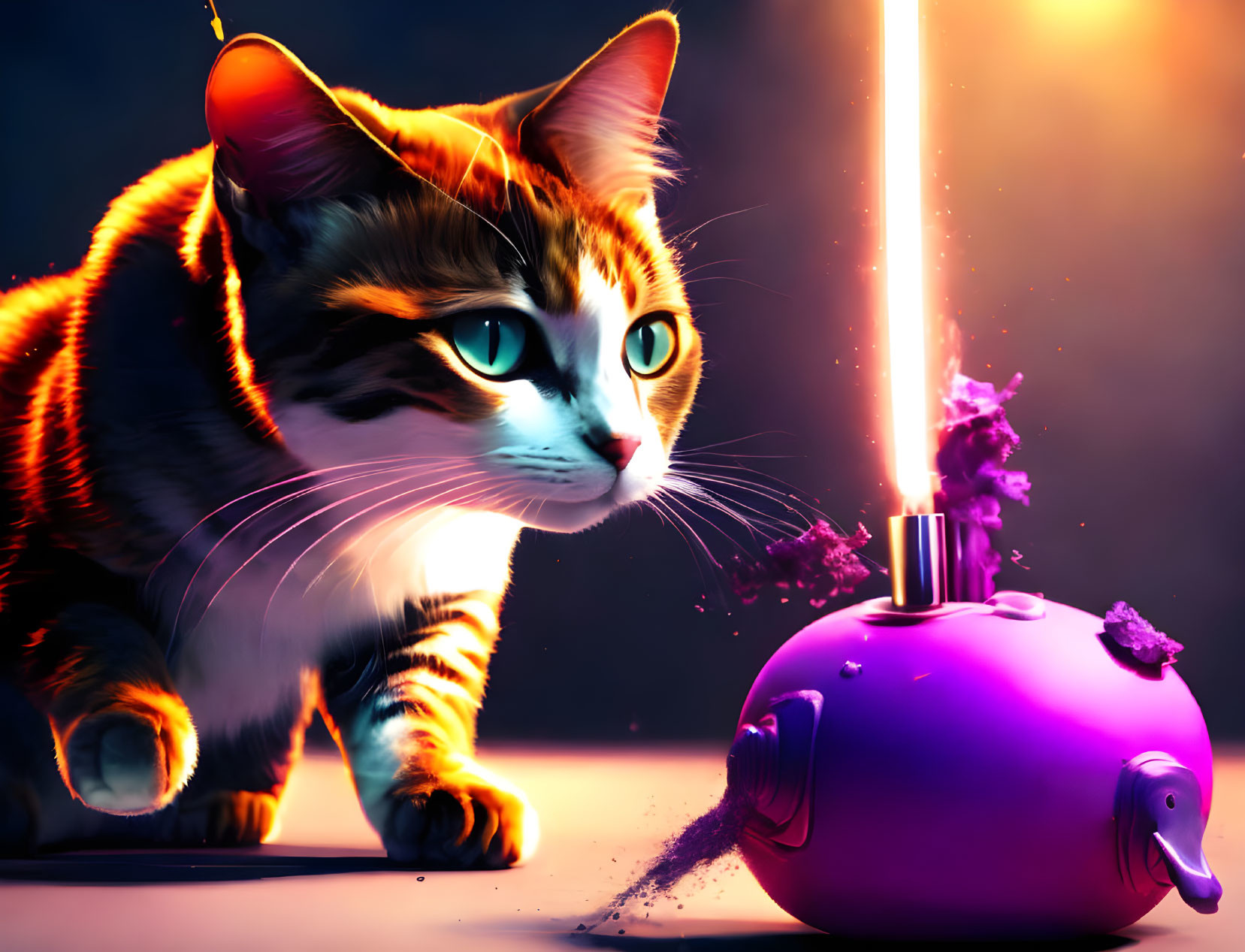 Stylized cat and teapot with dramatic lighting in whimsical scene