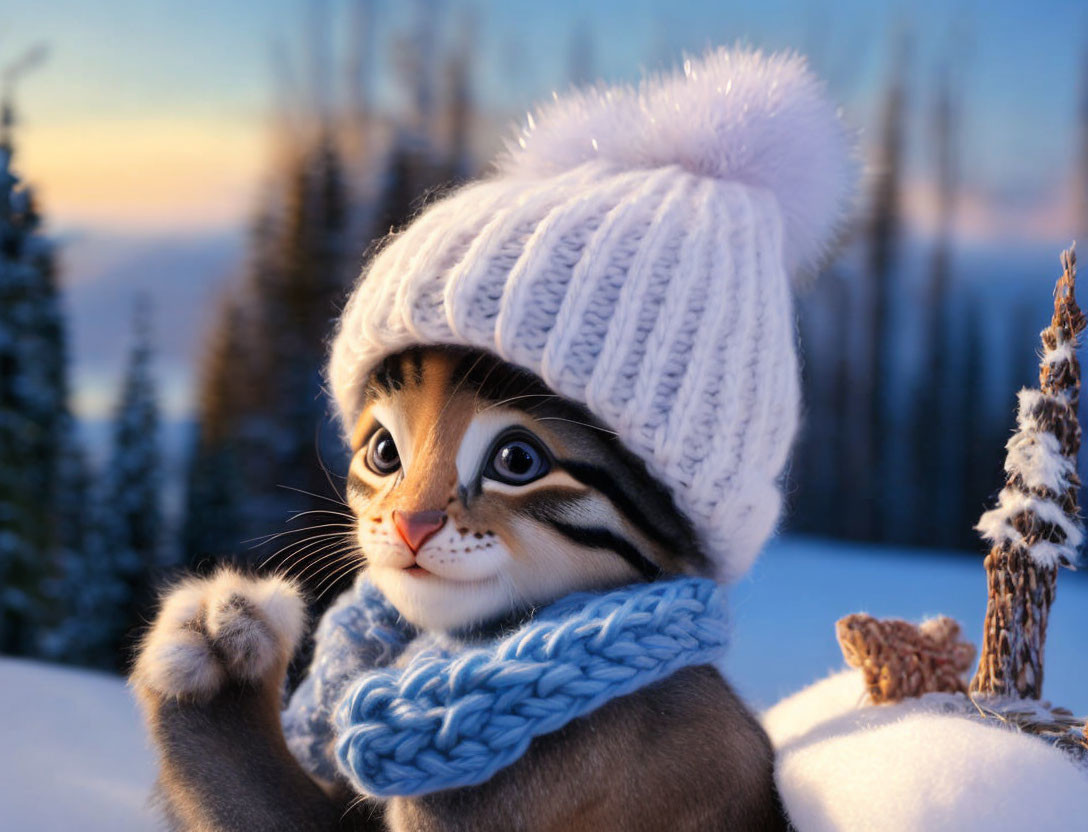 Animated kitten in white hat and blue scarf in snowy forest.