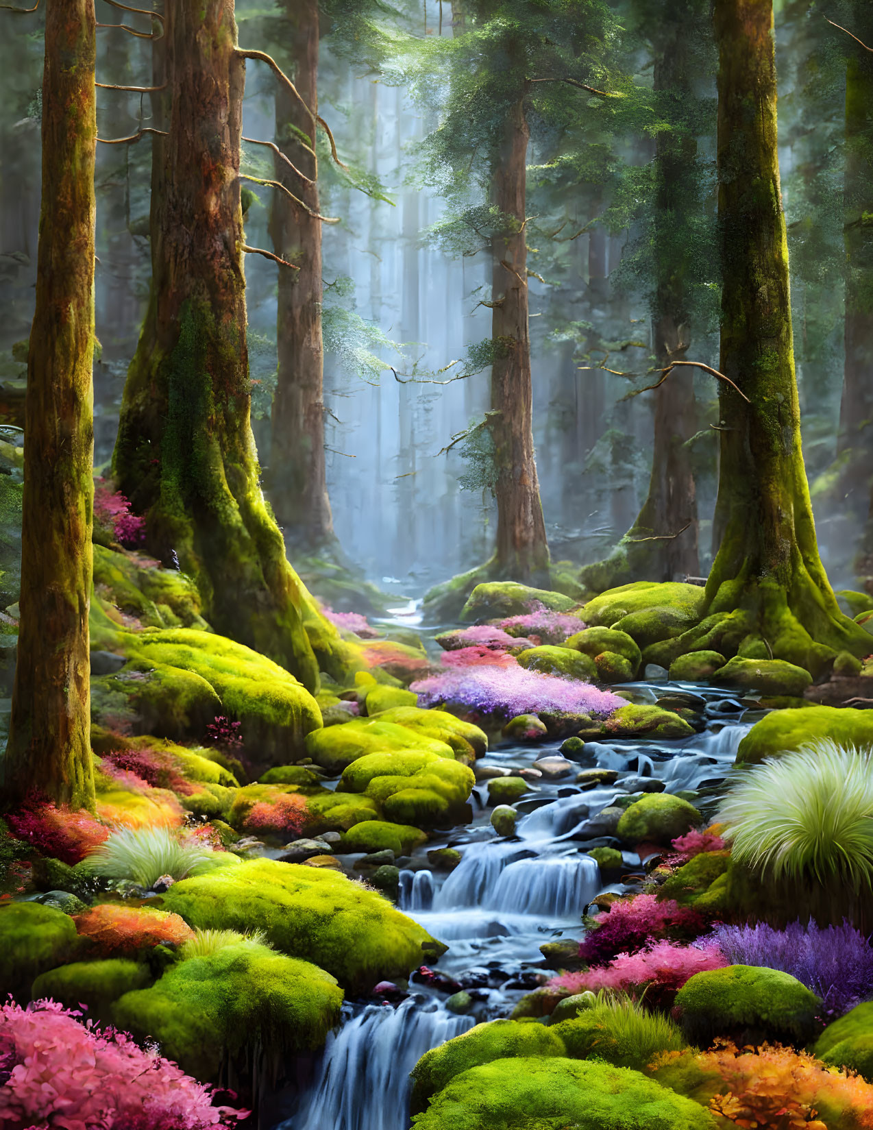 Vibrant green forest scene with moss-covered stones and gentle stream