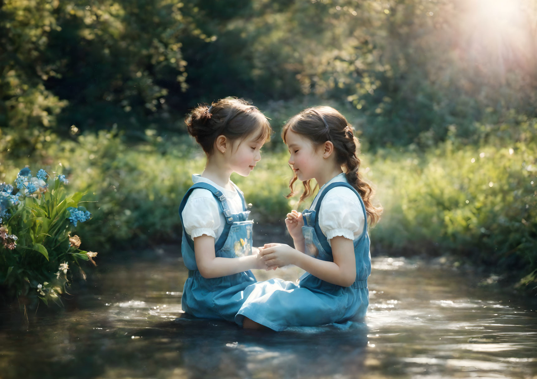 Two girls in blue dresses sitting in a stream among greenery under sunlight.