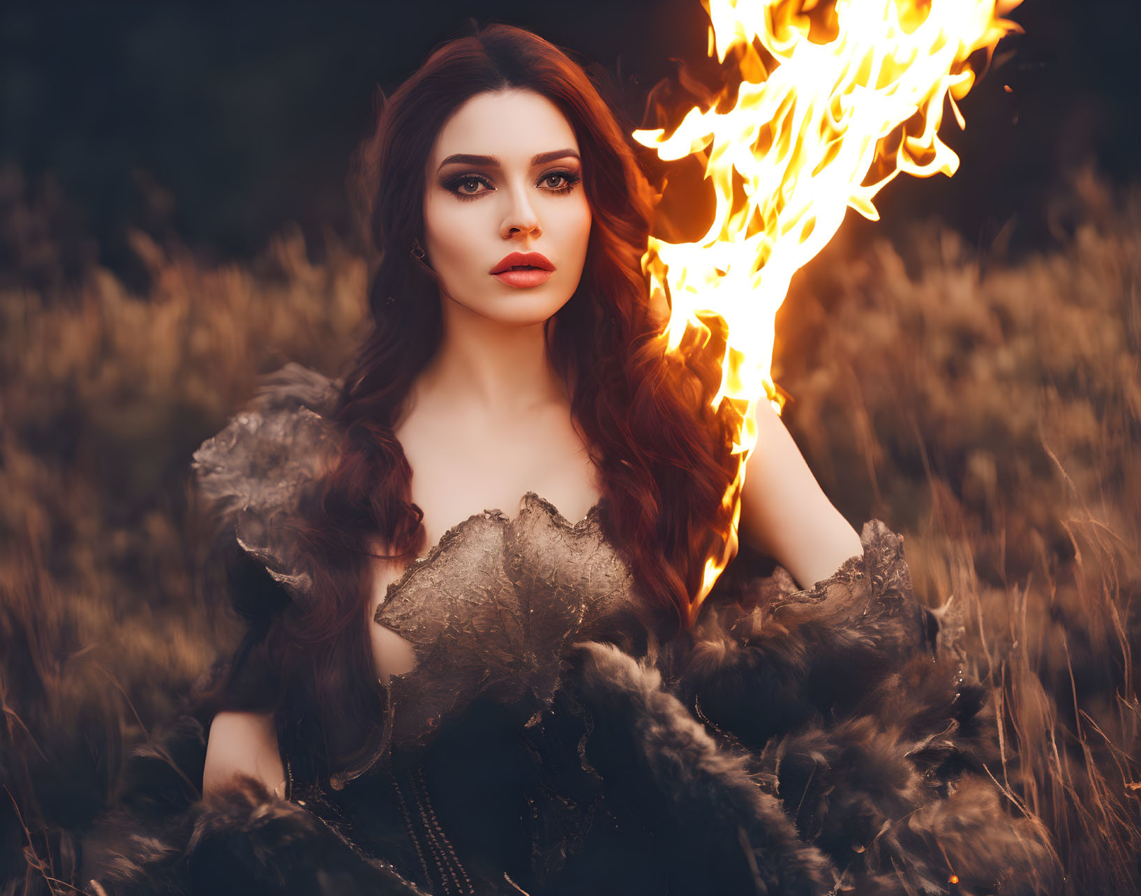 Woman in elegant dress with fiery red lips holding torch in amber field