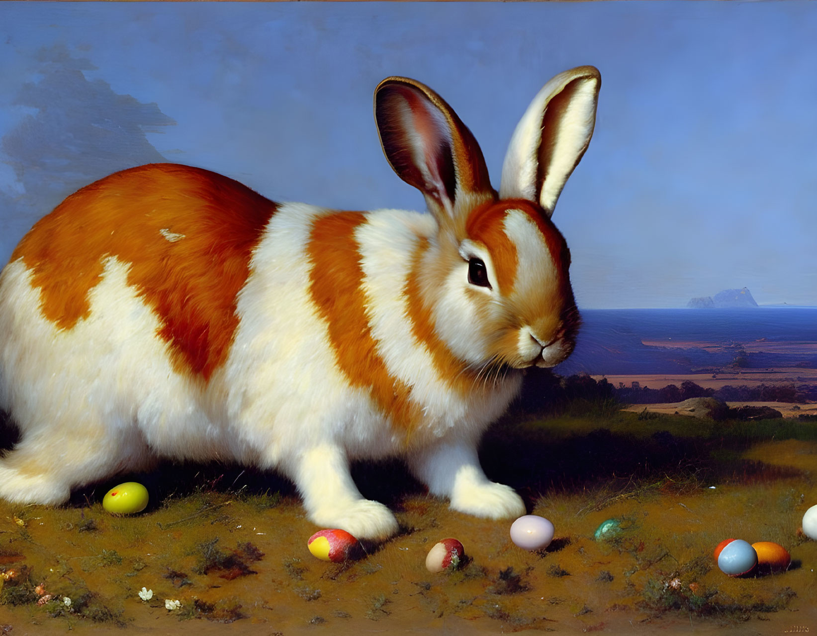 Colorful Easter Bunny in Vibrant Landscape with Eggs