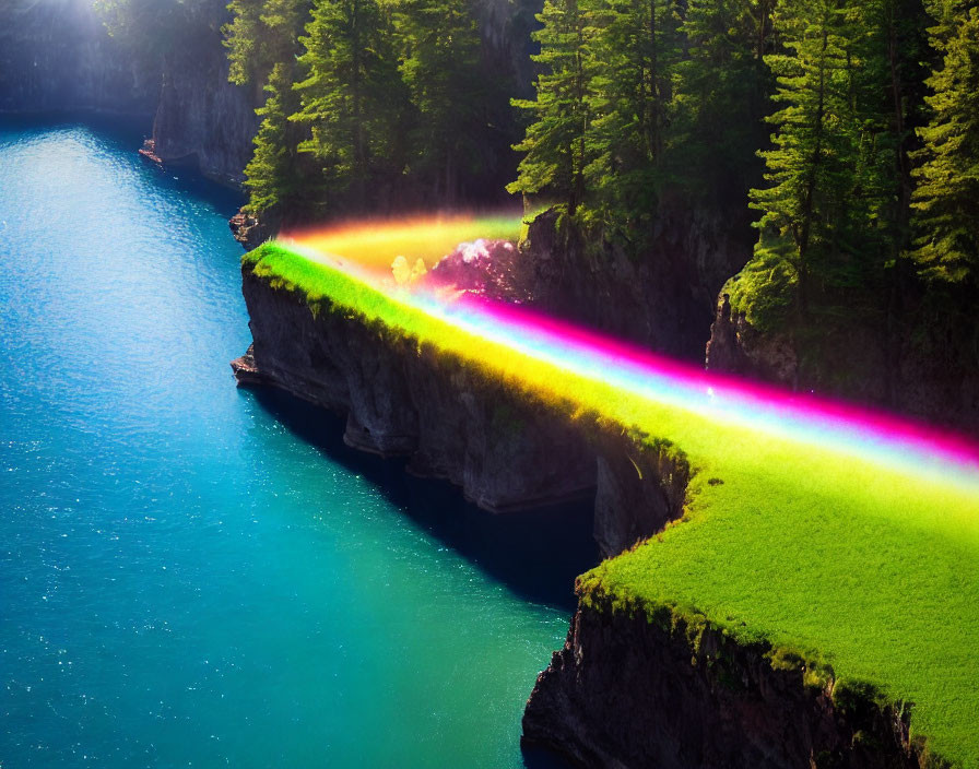 Scenic rainbow over blue lake and lush green trees