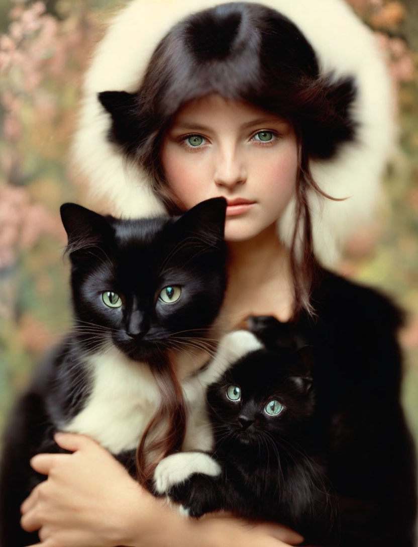 Young girl with green eyes and black and white cats