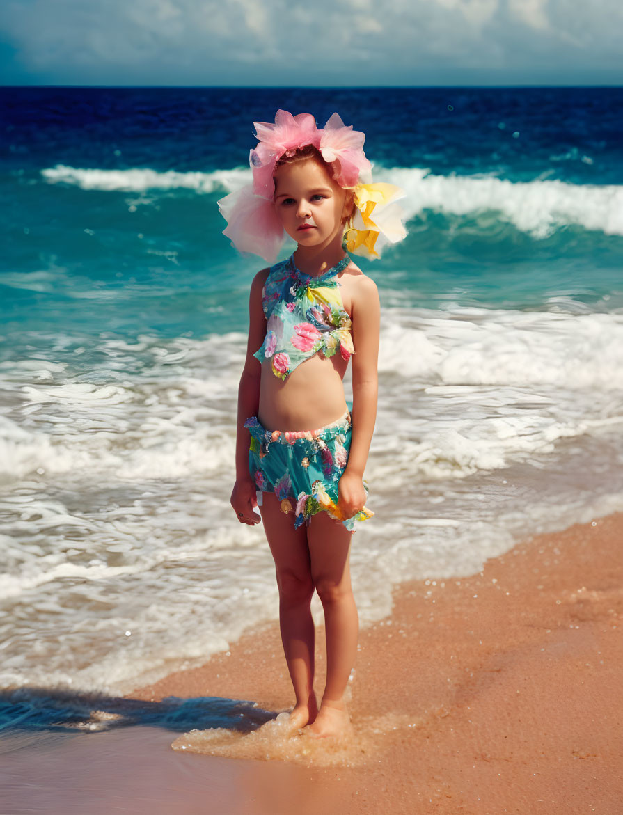 Young girl in colorful beach attire by the ocean