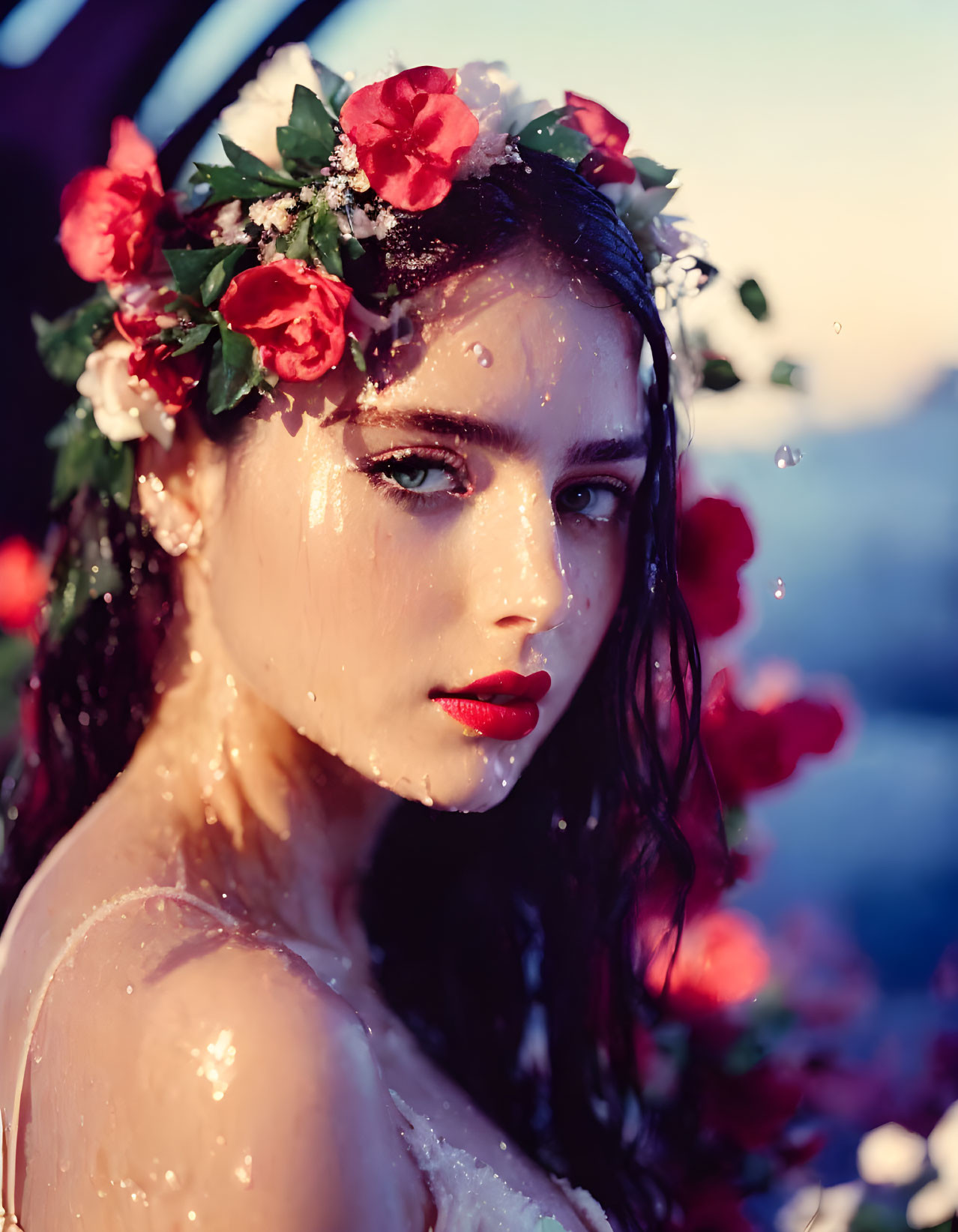 Woman with wet skin and dark hair in flower crown with water droplets on face.