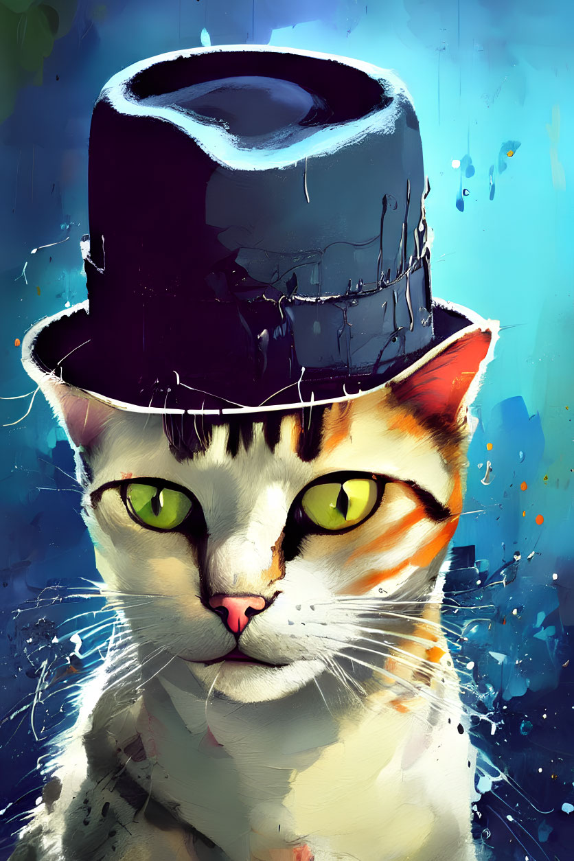 Digital illustration of cat with green eyes in top hat on blue background.