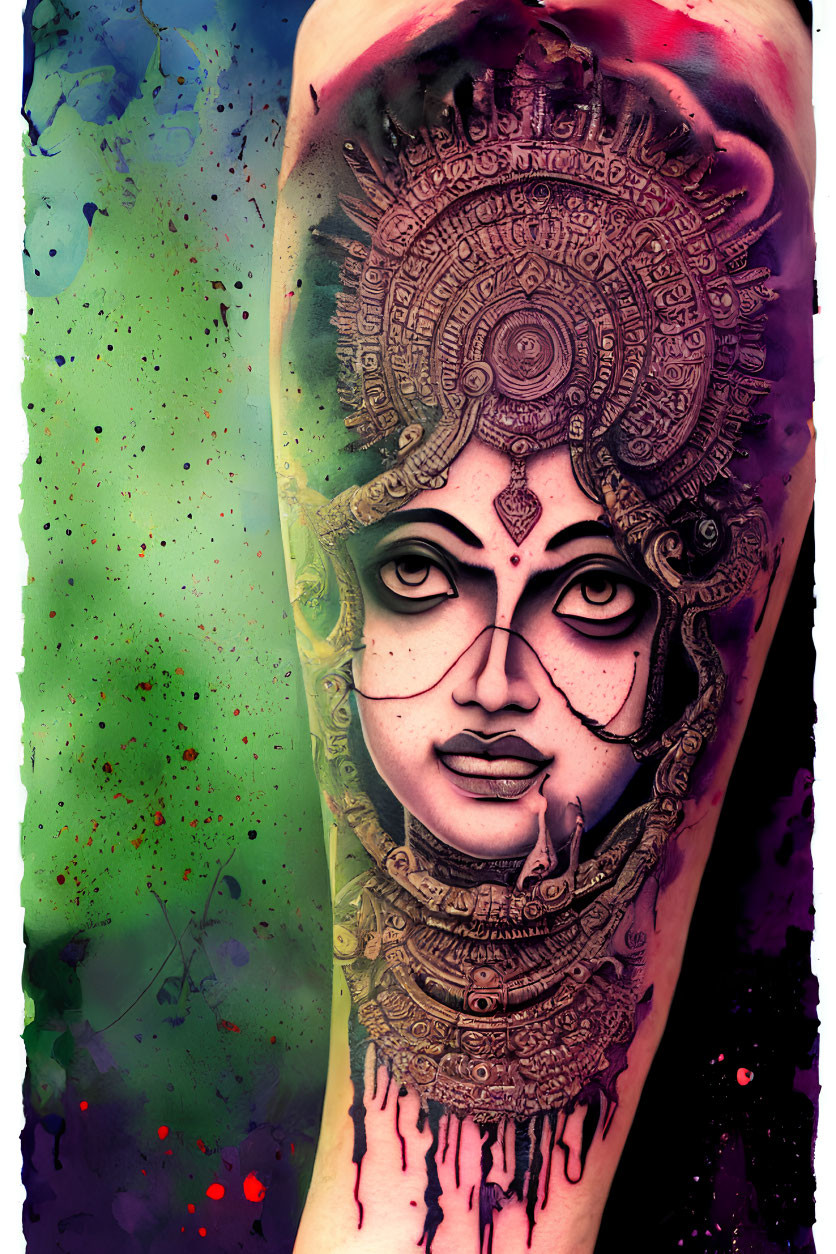 Detailed Forearm Tattoo of a Goddess with Vibrant Colors